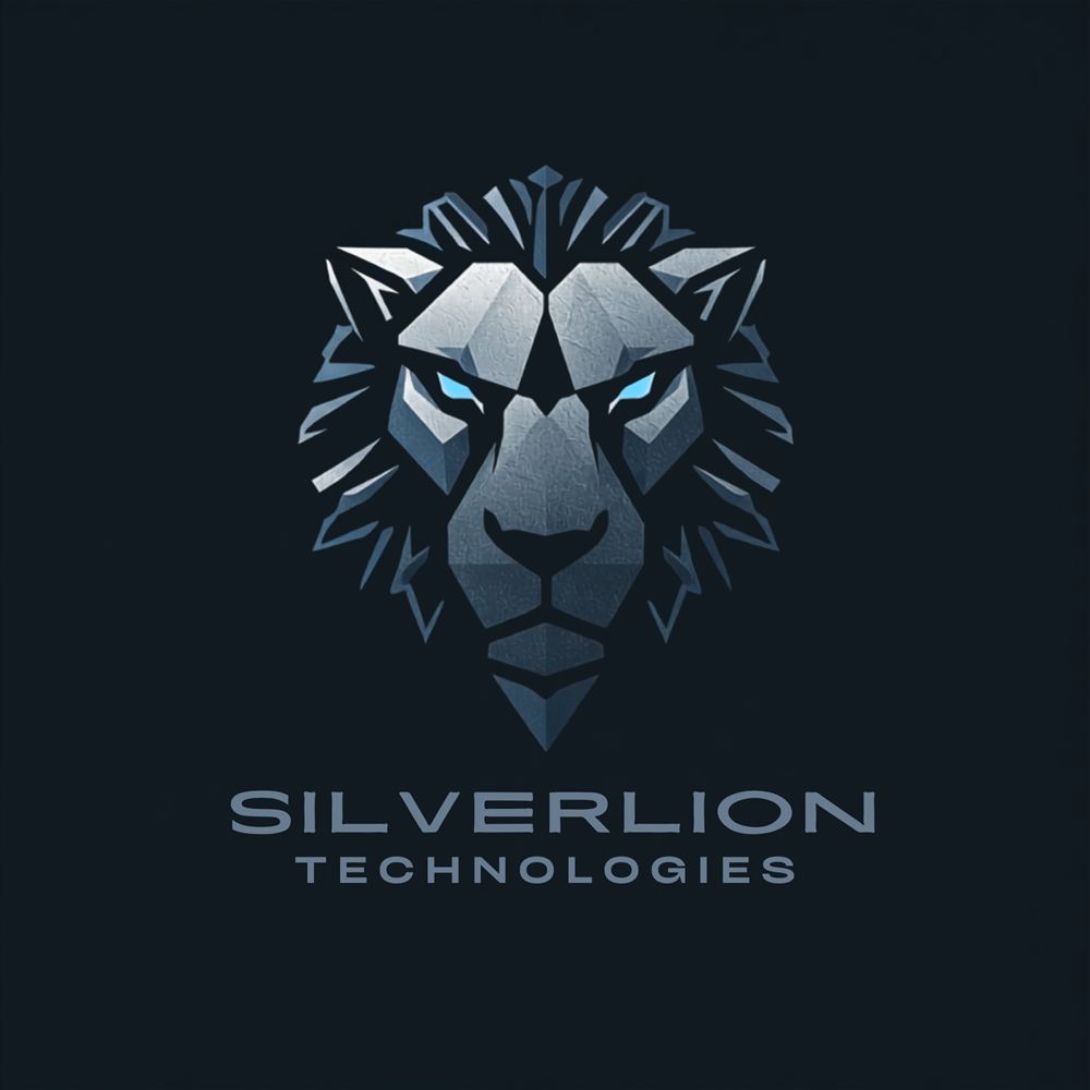 SilverLion Technologies logo: a faceted silver lion head with ice-blue eyes