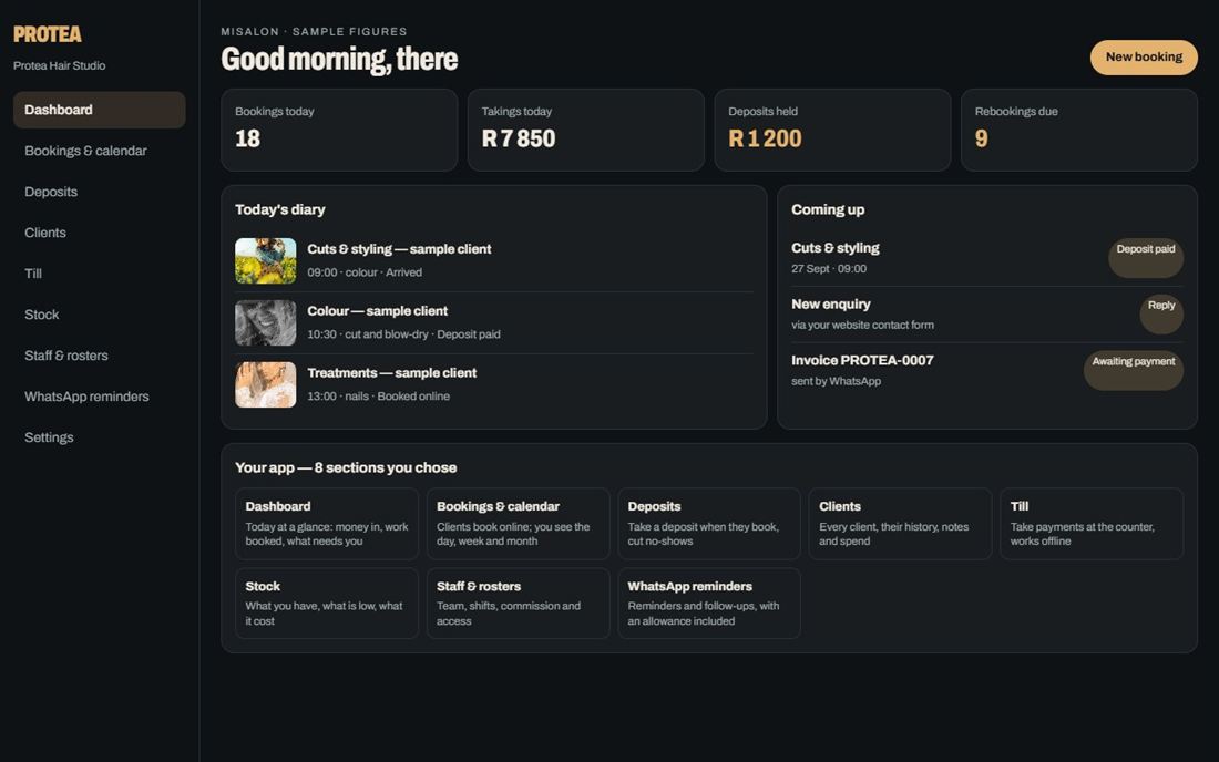 A MiSalon app preview: today's diary, takings, deposits held and rebookings due