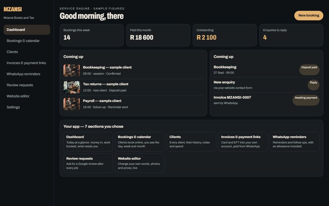 A service engine app preview: bookings this week, paid this month and enquiries to reply to, with sample figures