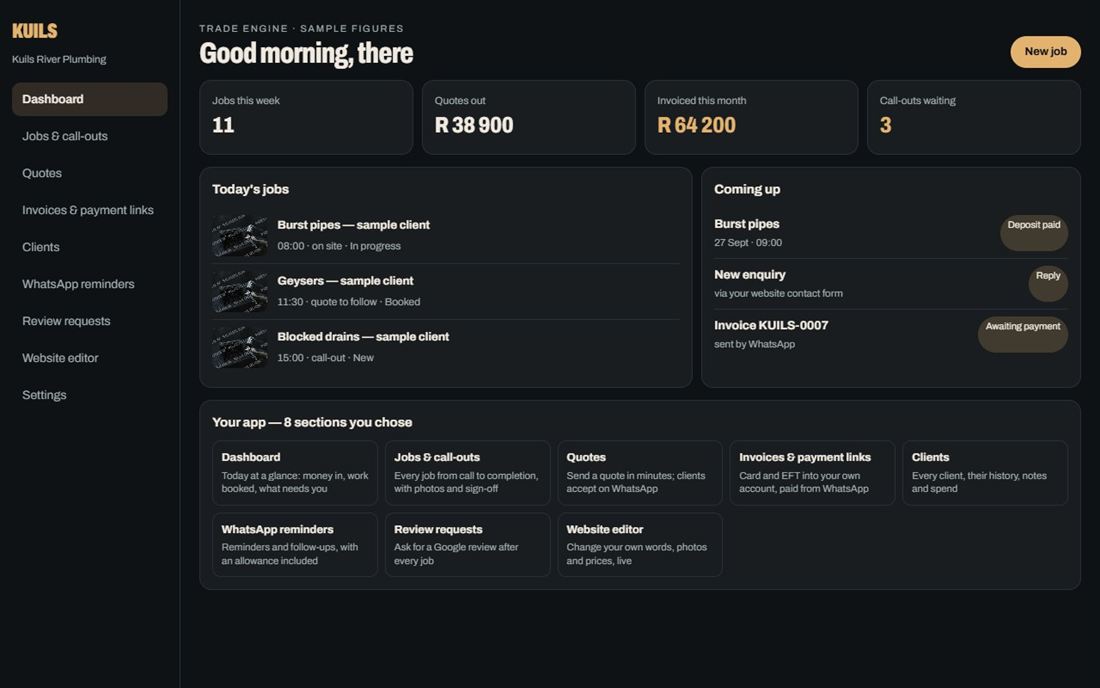 A trade engine app preview with today's jobs and quotes out