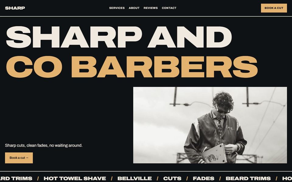 The Bold style generated by the builder for an example business called Sharp and Co Barbers