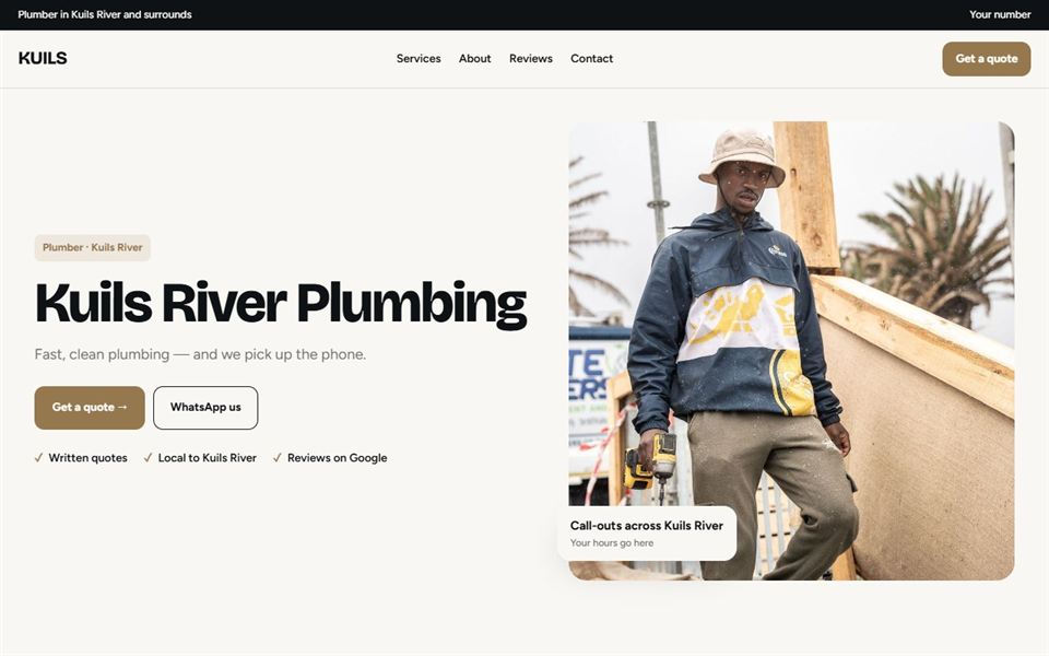 The Warm local style generated by the builder for an example plumber called Kuils River Plumbing