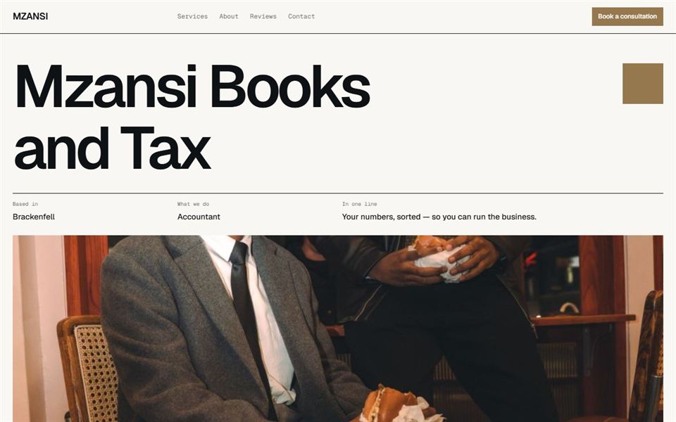 The Swiss grid style generated by the builder for an example business called Mzansi Books and Tax