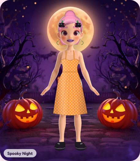 A character in an orange dress on a moonlit Halloween stage in Minx Style Studio