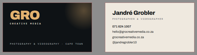 Front and back of the GRO Creative Media business card