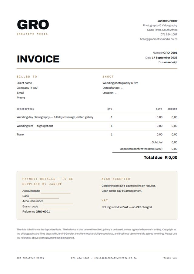 A GRO Creative Media invoice template with lines for the shoot, film and travel