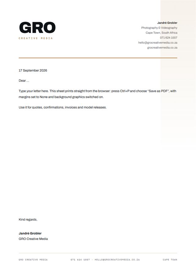 The GRO Creative Media letterhead on an A4 page