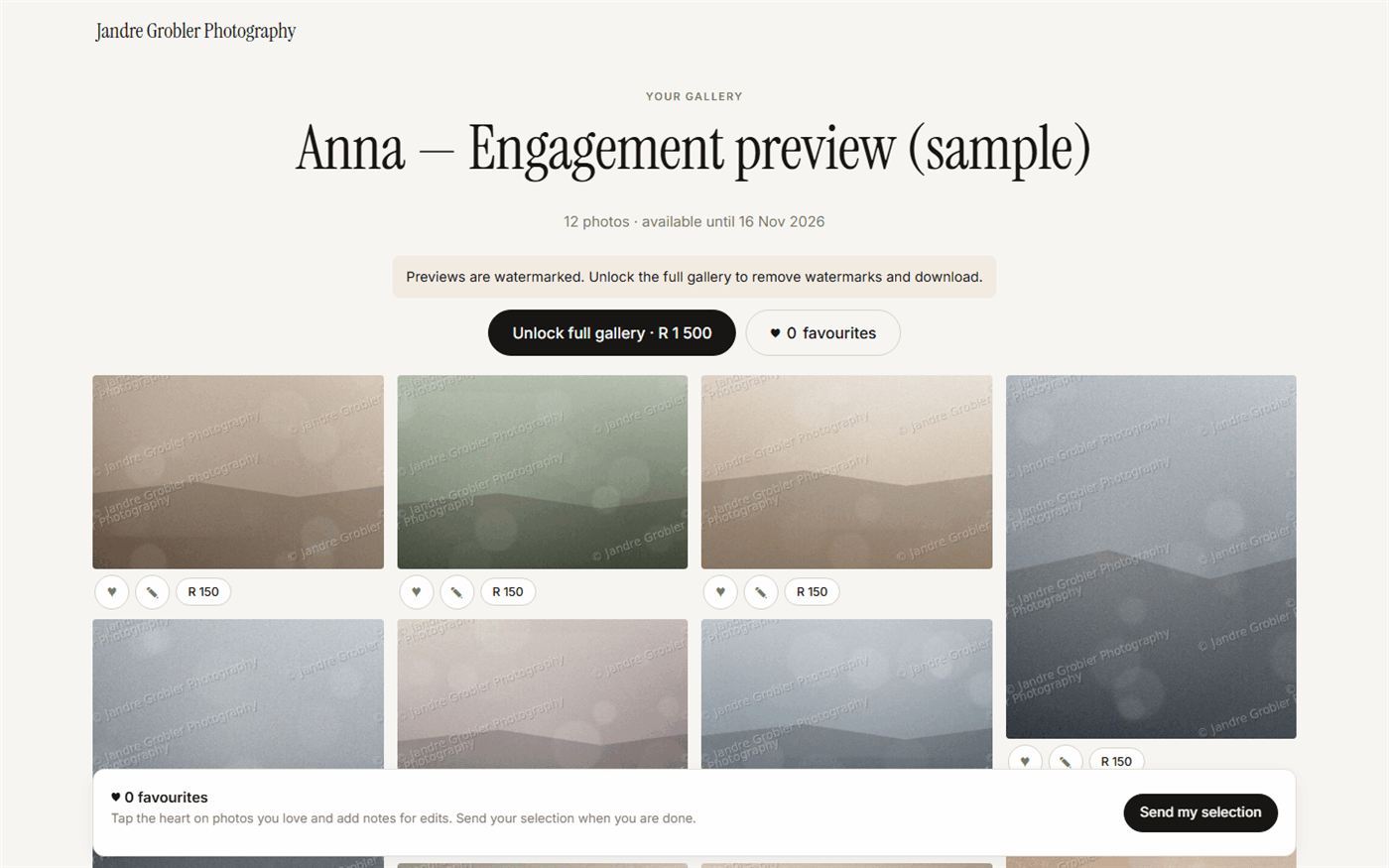 A client gallery with watermarked previews and a price on each photo