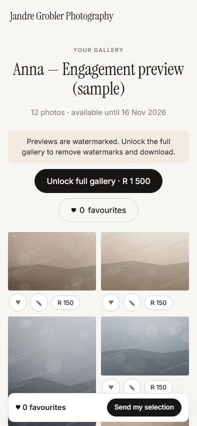 A client gallery on a phone: watermarked previews and a button to unlock the full gallery