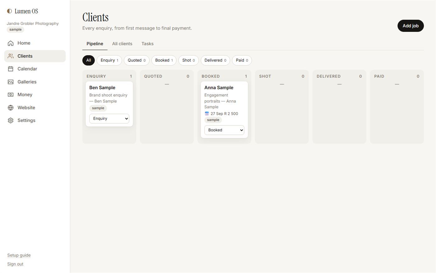 The client pipeline with columns for enquiry, quoted, booked, shot, delivered and paid