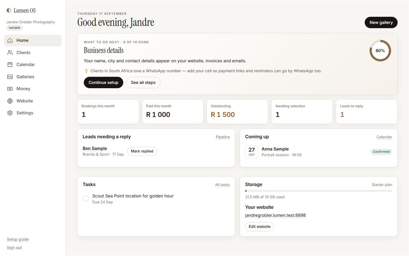 The Lumen OS dashboard: bookings, money paid and outstanding, leads to reply to and what is coming up