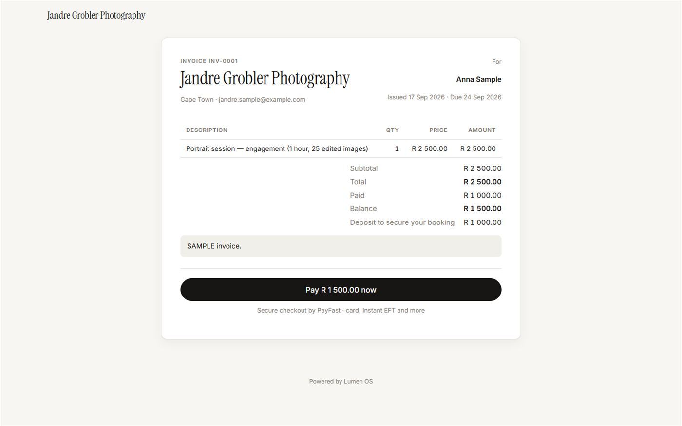 An invoice from the studio engine with a balance to pay and a pay button