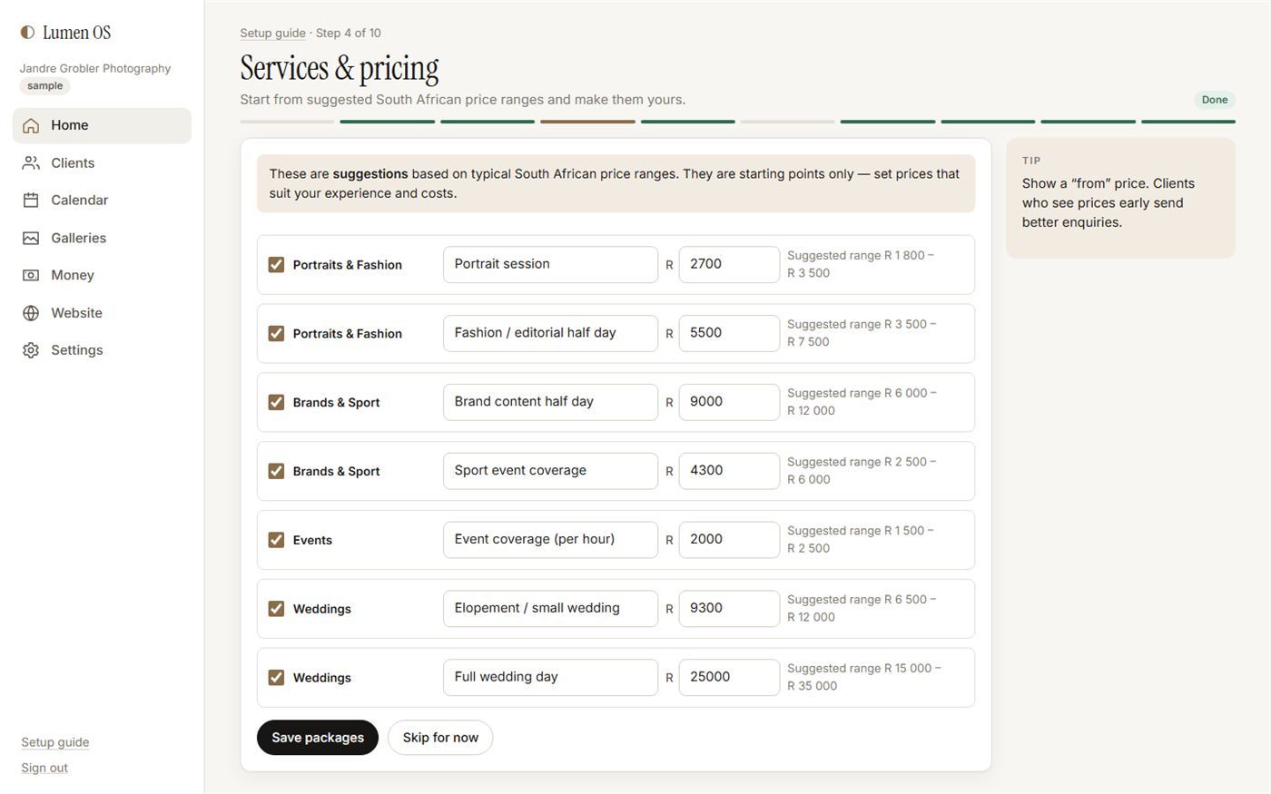 The setup screen suggesting starting prices for each kind of shoot