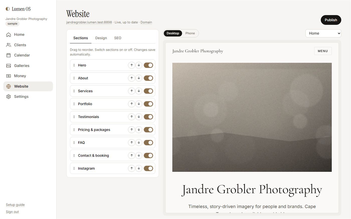 The website editor: a list of sections with switches beside a live preview of the site