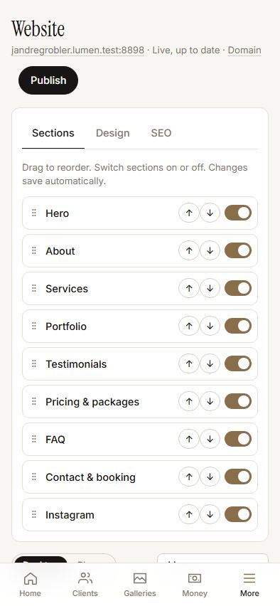 The website editor on a phone