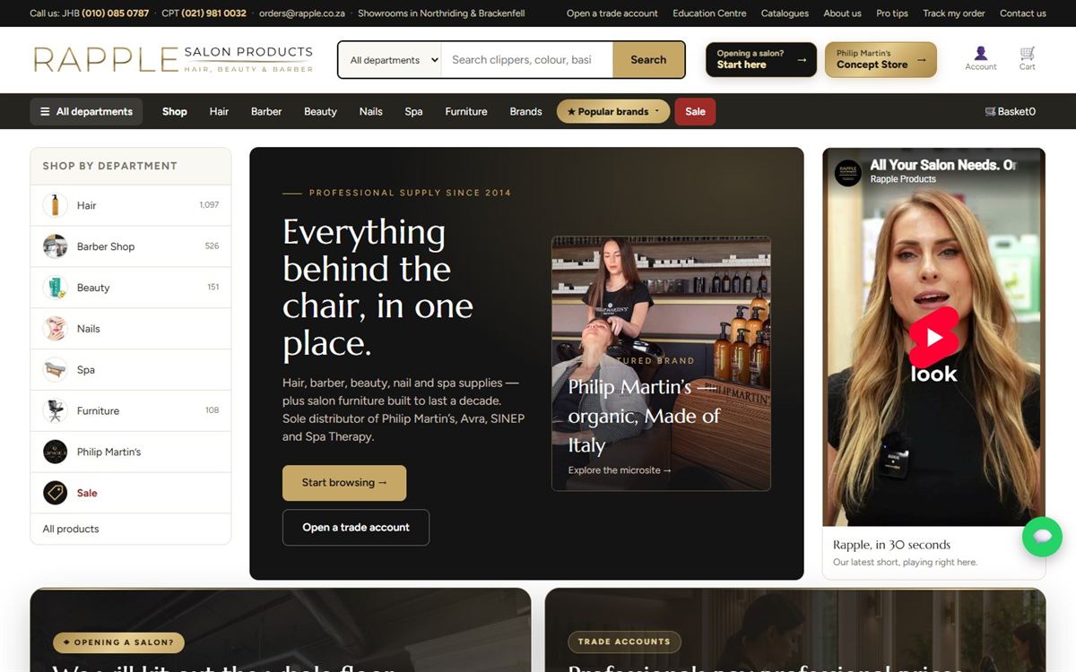 The Rapple home page: salon supplies by department