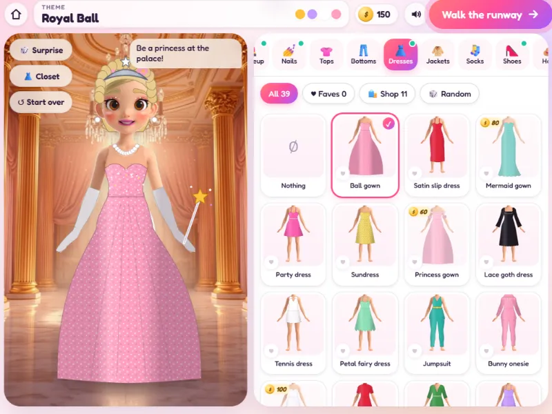 Minx Style Studio dressing room on a tablet: a doll in a pink ball gown and tiara beside a wardrobe of dresses