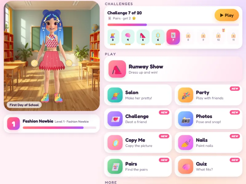 Minx Style Studio home screen with the challenges path and a menu of games