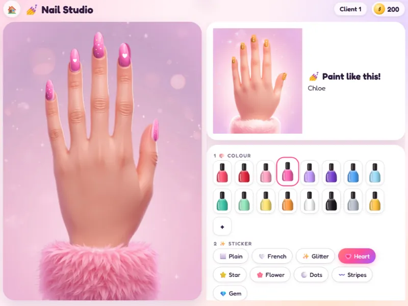 Minx Style Studio nail studio with polish colours, stickers and a hand with pink nails