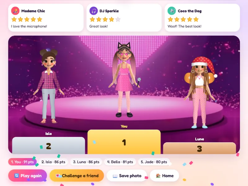 Minx Style Studio results with three judges' star ratings and a podium