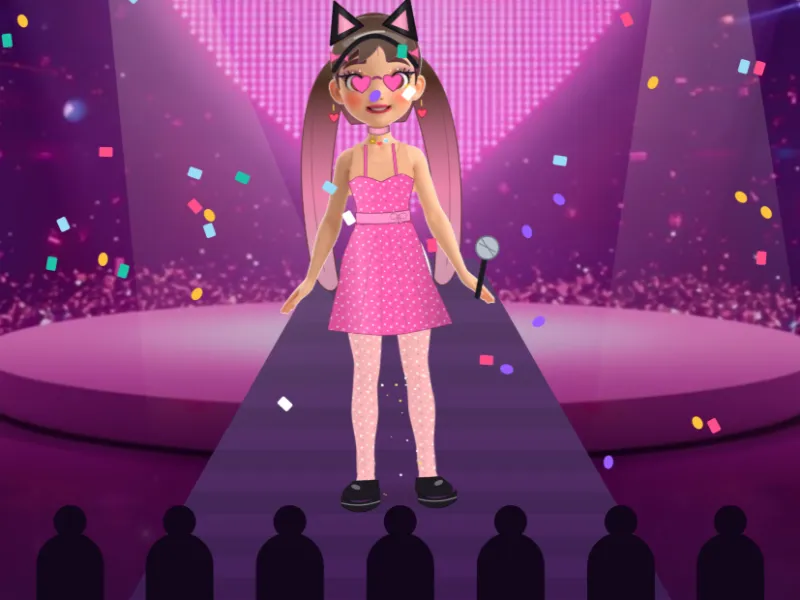 A styled doll walking a neon runway with confetti in Minx Style Studio