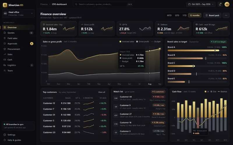 Illustration of the SilverLion OS finance dashboard with sample data: sales and gross profit chart, brand targets and a cash-flow chart