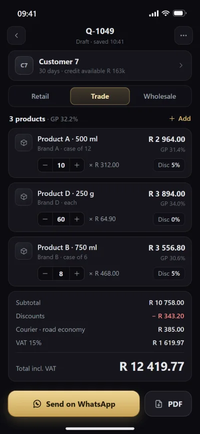 Illustration of a quote on a phone with sample data: price tier, product lines and totals