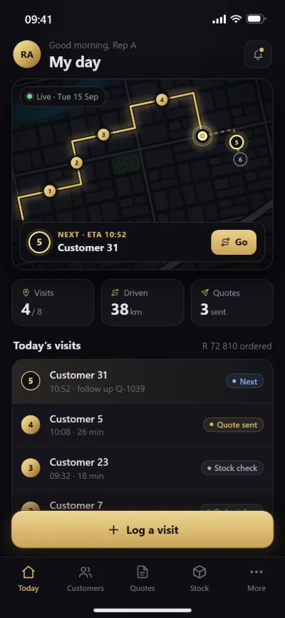 Illustration of a sales rep's day on a phone with sample data: a route map, visits and a Log a visit button