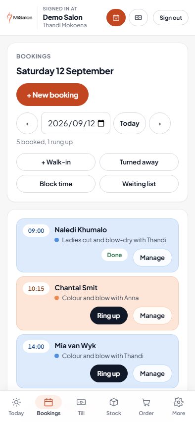 The day's bookings in MiSalon on a phone