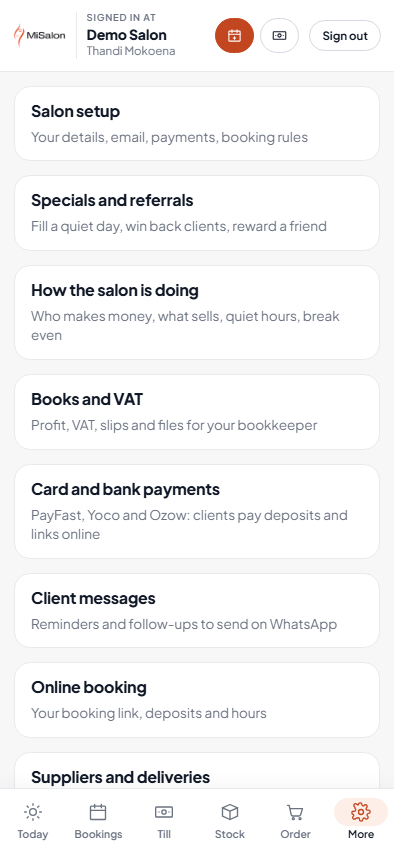 The MiSalon More screen with online booking, books and VAT, messages and team
