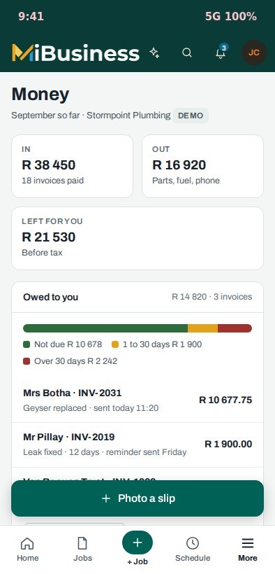 Money owed and paid in MiBusiness