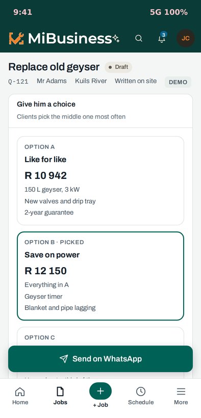 Quote on site, yes on WhatsApp in MiBusiness