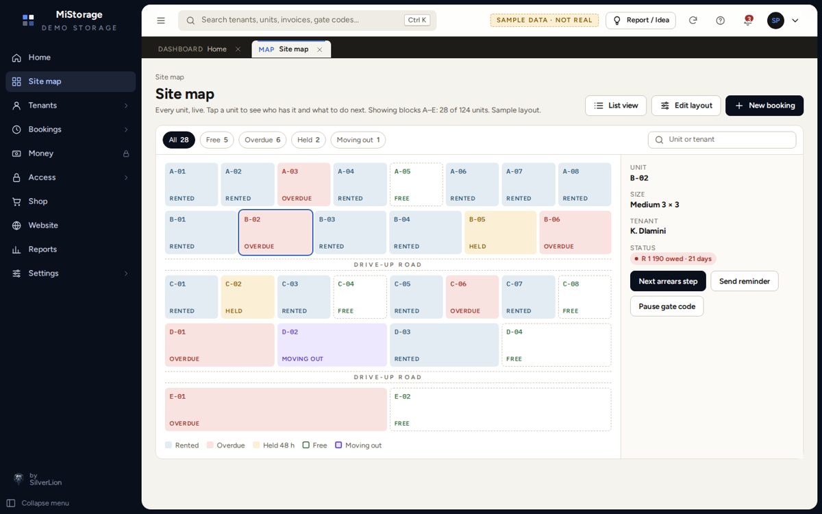 Site map with every unit coloured by status