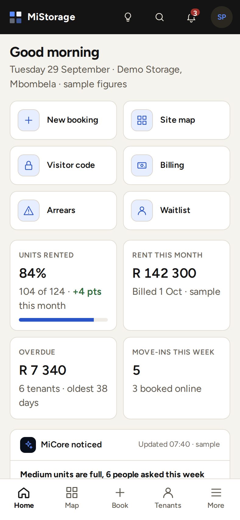 MiStorage home screen on a phone: units rented, rent this month, overdue and MiCore tips (sample figures)