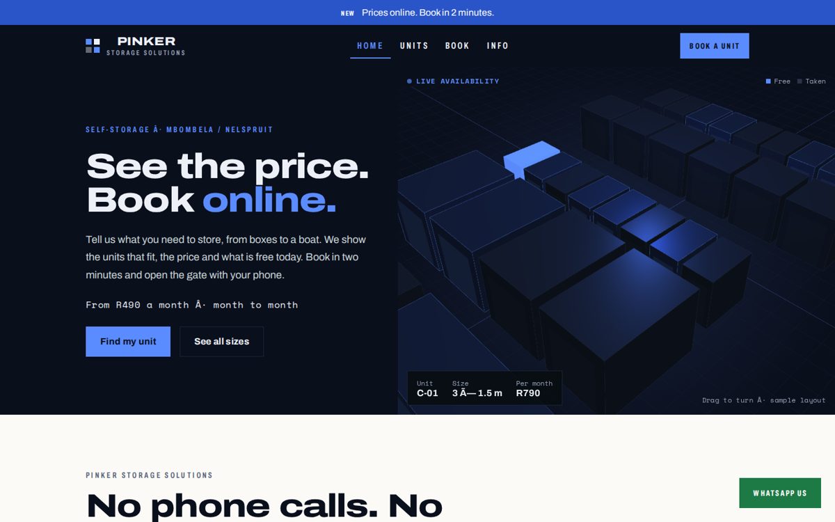 Sample storage website with unit prices and a Book a unit button